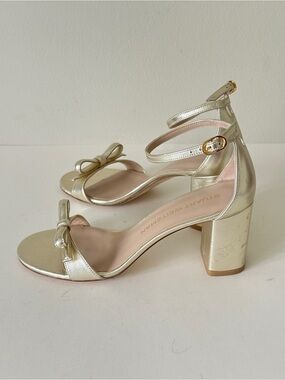 Stuart Weitzman Nudist Felicity Block Heel Gold Leather Women's Sandals, Sz 7